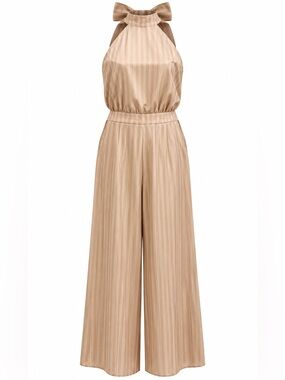 FAERIESTY Halter Jumpsuit 2X Beige Pinstripe Wide Leg Palazzo Pants Elegant